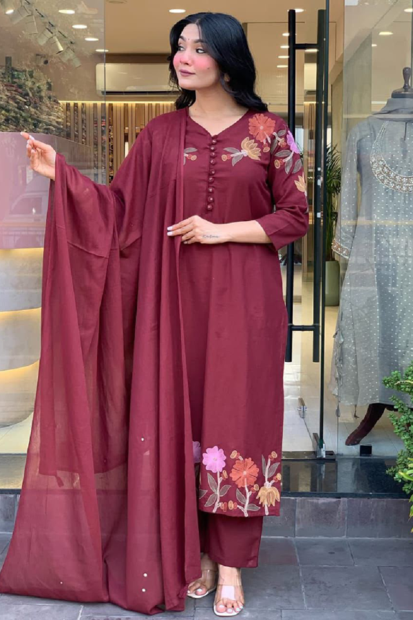 Elegant Cotton 60×60 Three Piece Suit Set with Mul Cotton Dupatta