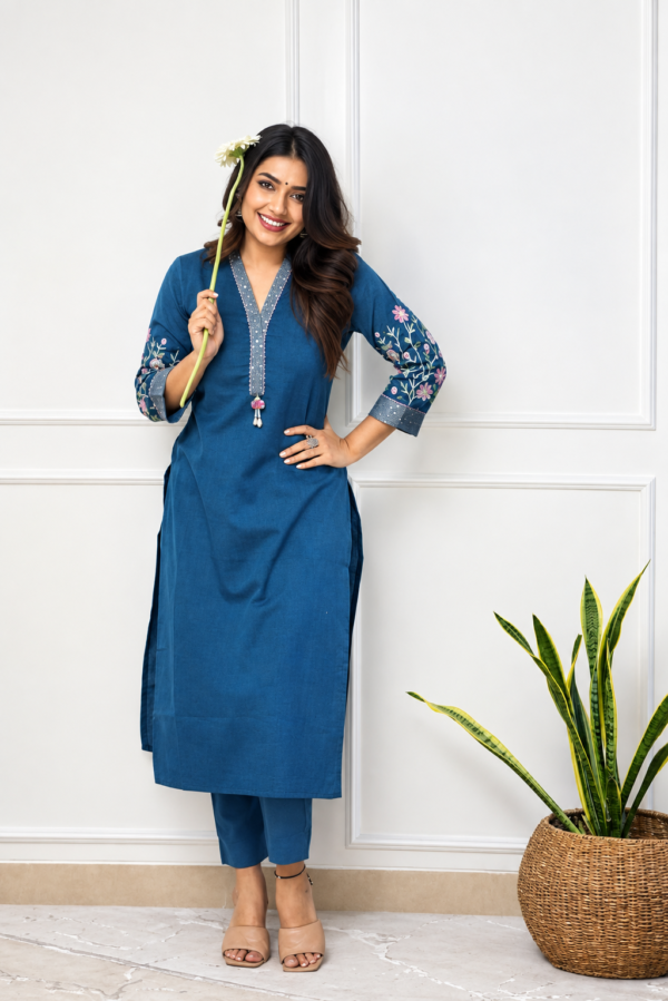 Premium Cotton 60×60 Sequence Thread Embroidered Kurta Pant Set