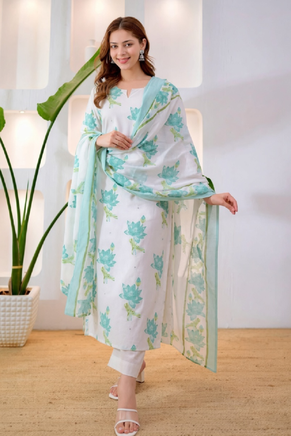 Premium Cotton 60×60 Procin Print Straight Kurta Set with Sequence & Katha Work