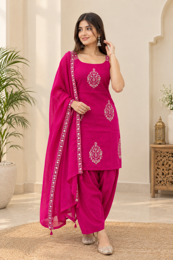 Hot Pink & Rust Cotton Embroidered Farshi Salwar Suit Set with Mul Cotton Dupatta